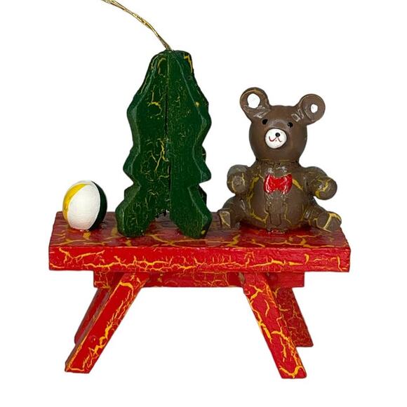Vintage Wooden Teddy Bear On Bench Christmas Ornament - Picture 4 of 9